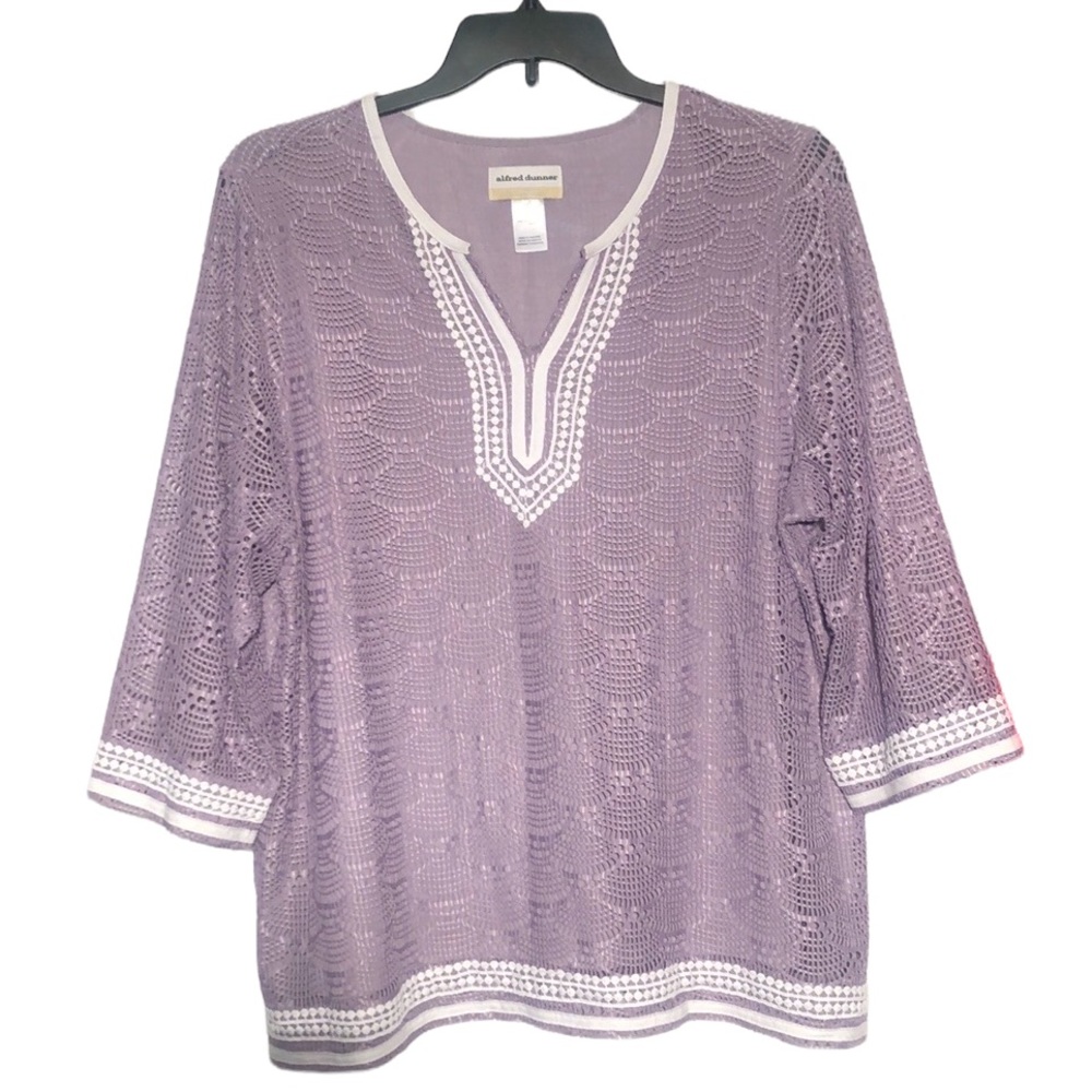 Alfred Dunner Womens Blouse Lavender White Diamond Knit White Fringe